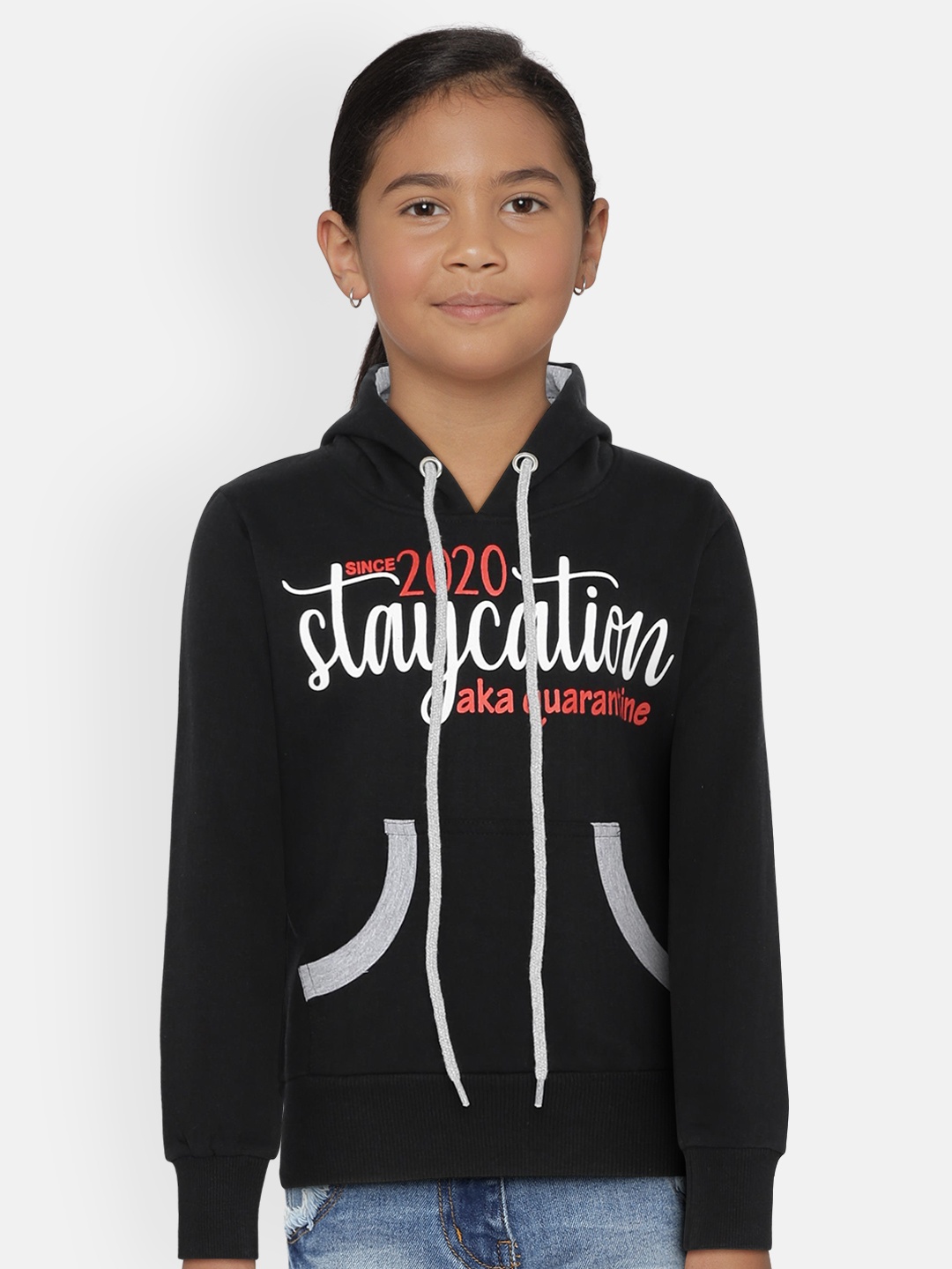 

SINI MINI Girls Black Printed Hooded Sweatshirt