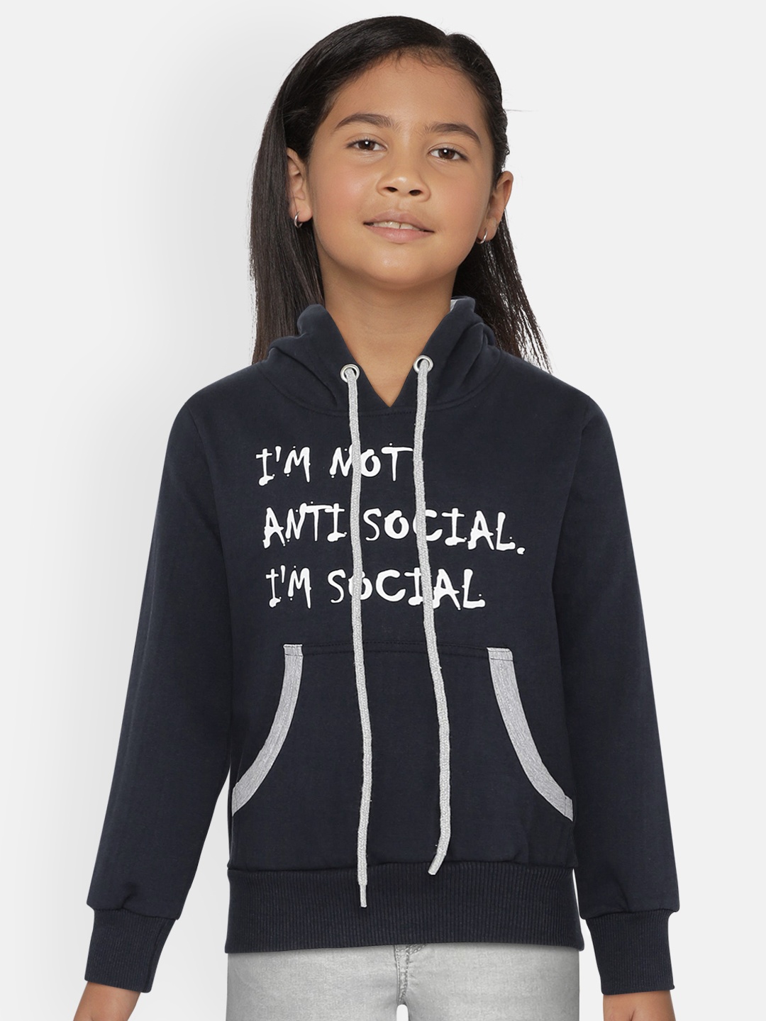 

SINI MINI Girls Navy Blue Printed Hooded Sweatshirt
