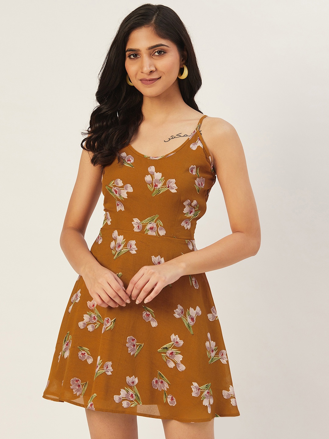 

DODO & MOA Women Mustard Brown & Pink Floral Print Mini Fit & Flare Dress