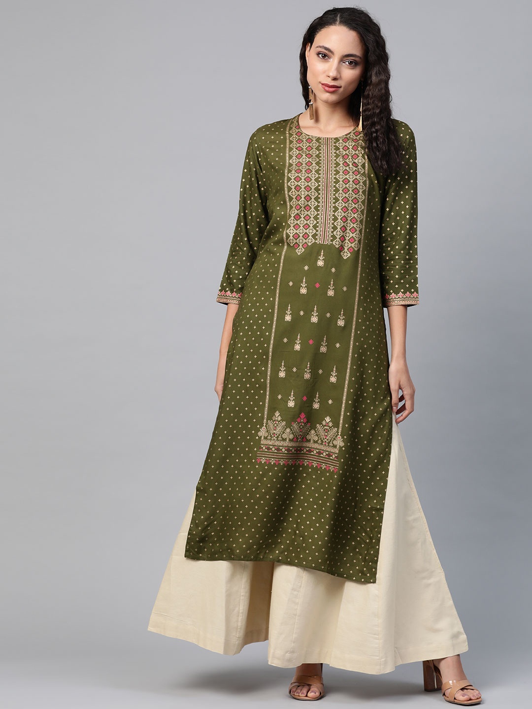 

See Designs Women Olive Green & Golden Ethnic Motif Print Straight Kurta