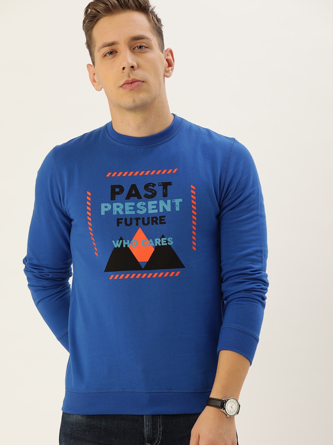 

PETER ENGLAND UNIVERSITY Men Blue Printed Sweatshirt