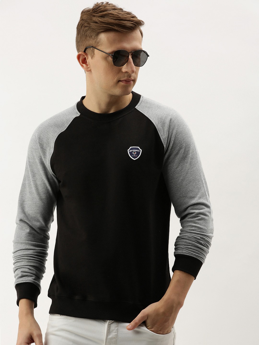 

PETER ENGLAND UNIVERSITY Men Black & Grey Solid Sweatshirt