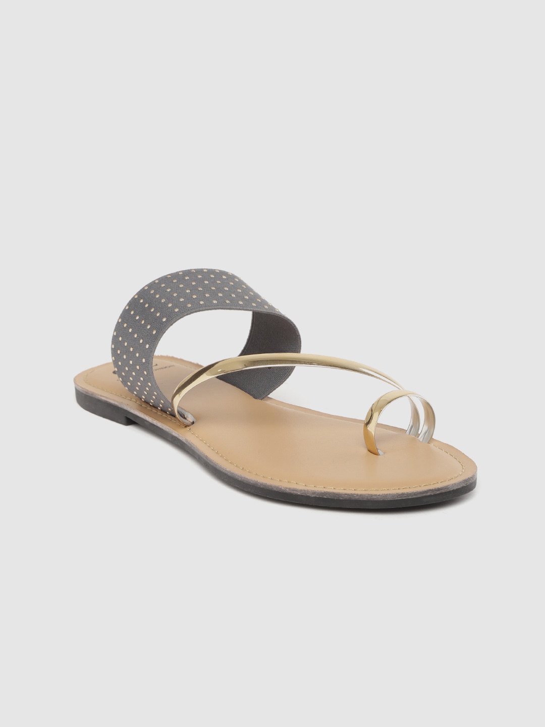 

Carlton London Women Charcoal Grey & Gold-Toned Studded One Toe Flats