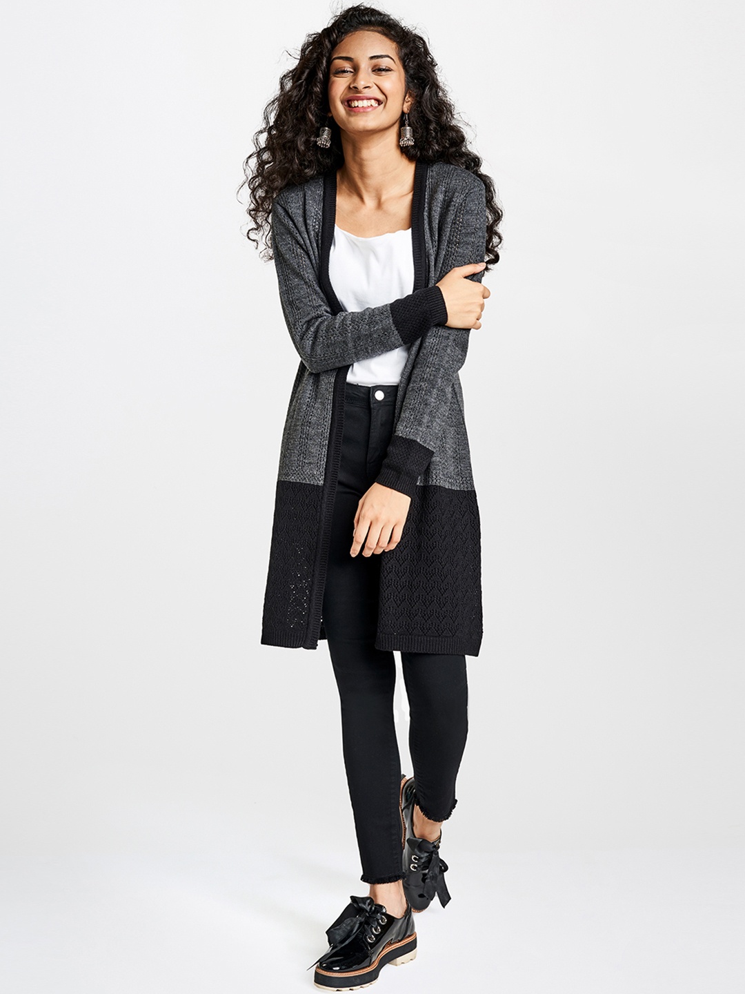 

Global Desi Women Grey & Black Self Design Open Front Shrug