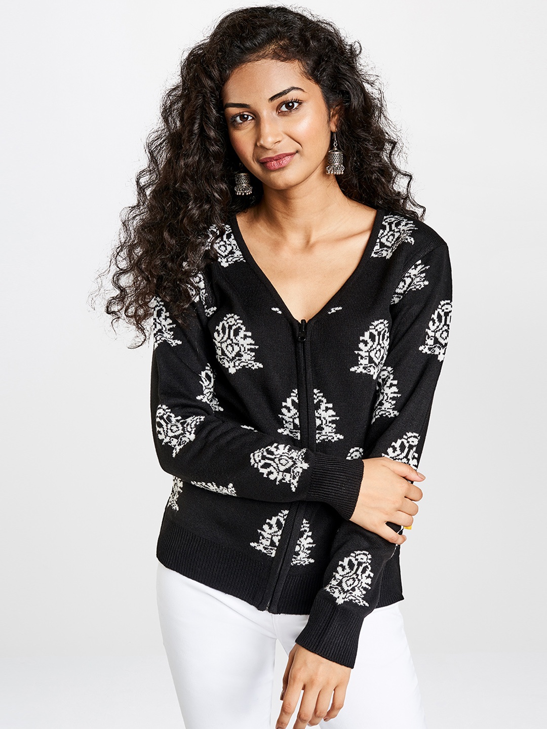 

Global Desi Women Black & White Self Design Cardigan Sweater