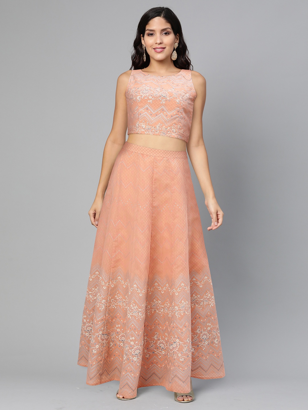 

Global Desi Women Peach-Coloured Foil Printed Top with Skirt