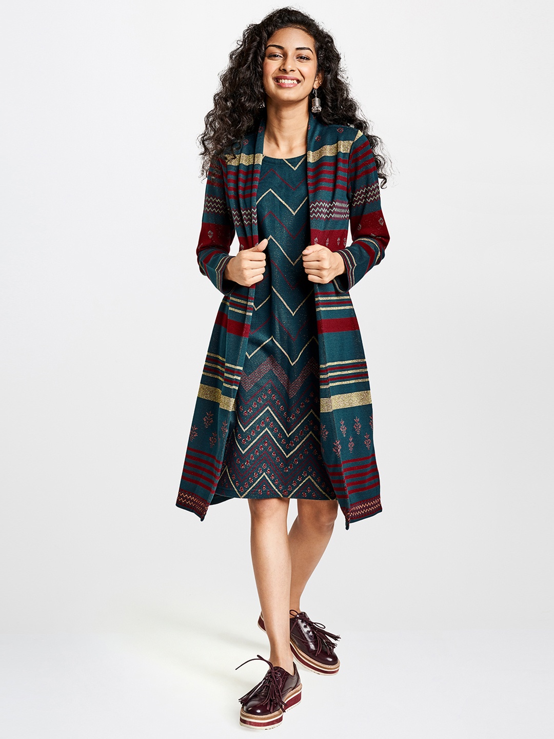 

Global Desi Women Teal Blue & Maroon Self Design Layered A-Line Dress