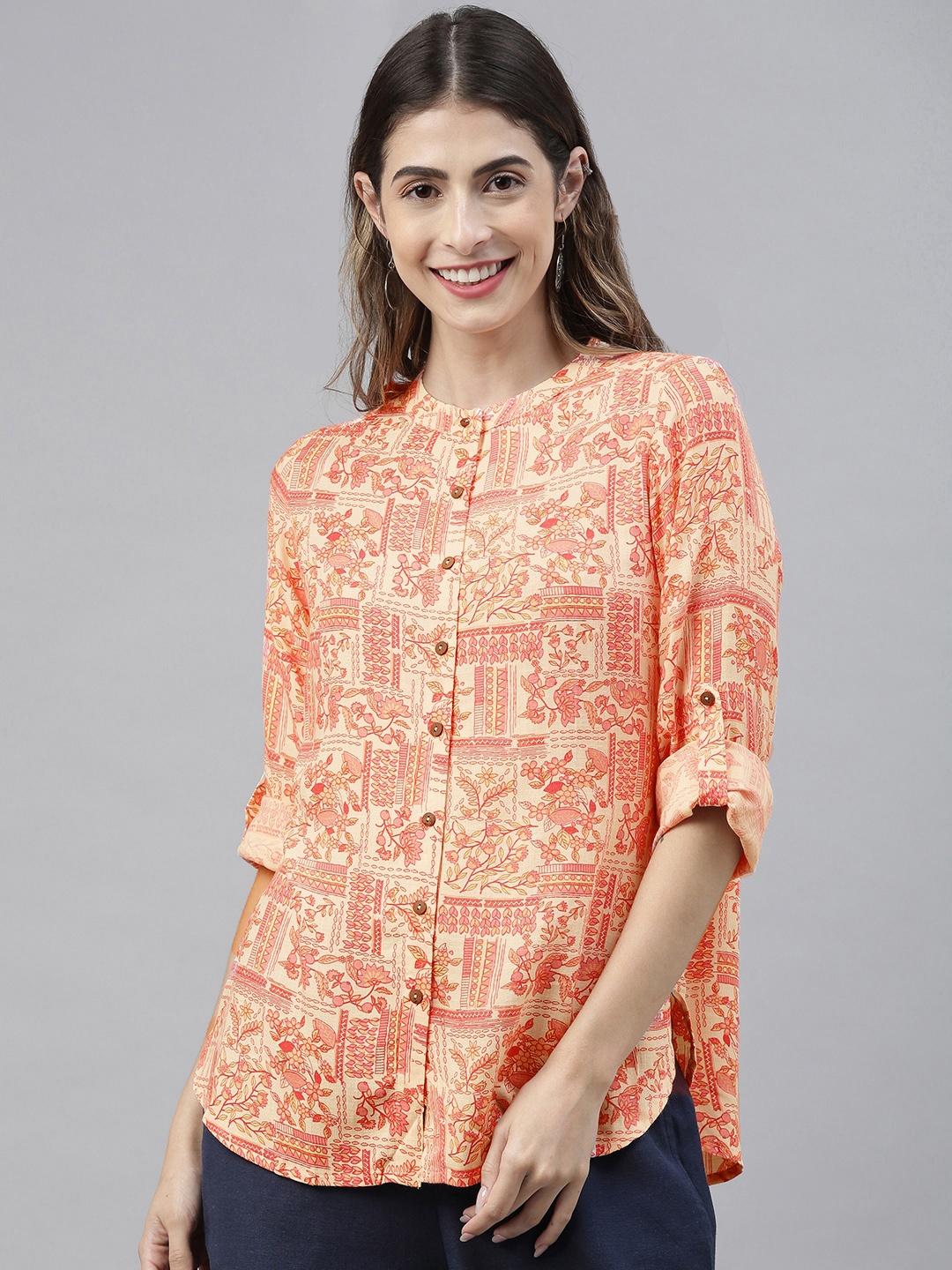 

Global Desi Pink & Beige Floral Printed Mandarin Collar Shirt Style Top