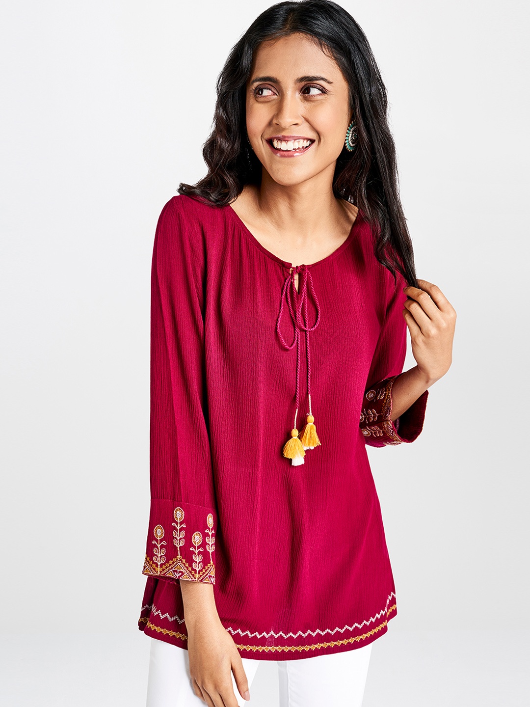 

Global Desi Maroon Solid Tie-Up Neck Regular Top with Embroidery