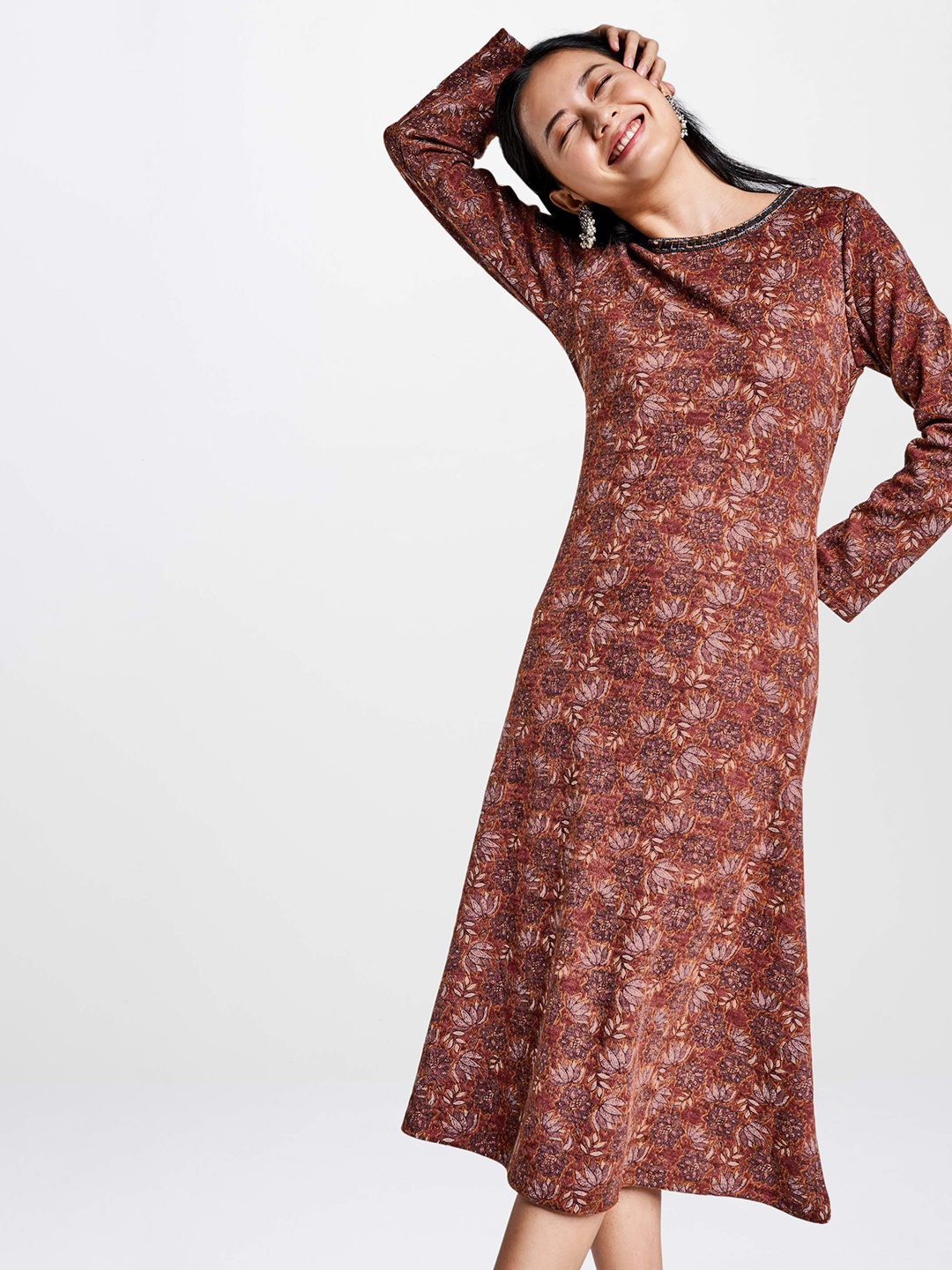 

Global Desi Women Rust Red & Grey Printed A-Line Dress with Embellished Neck