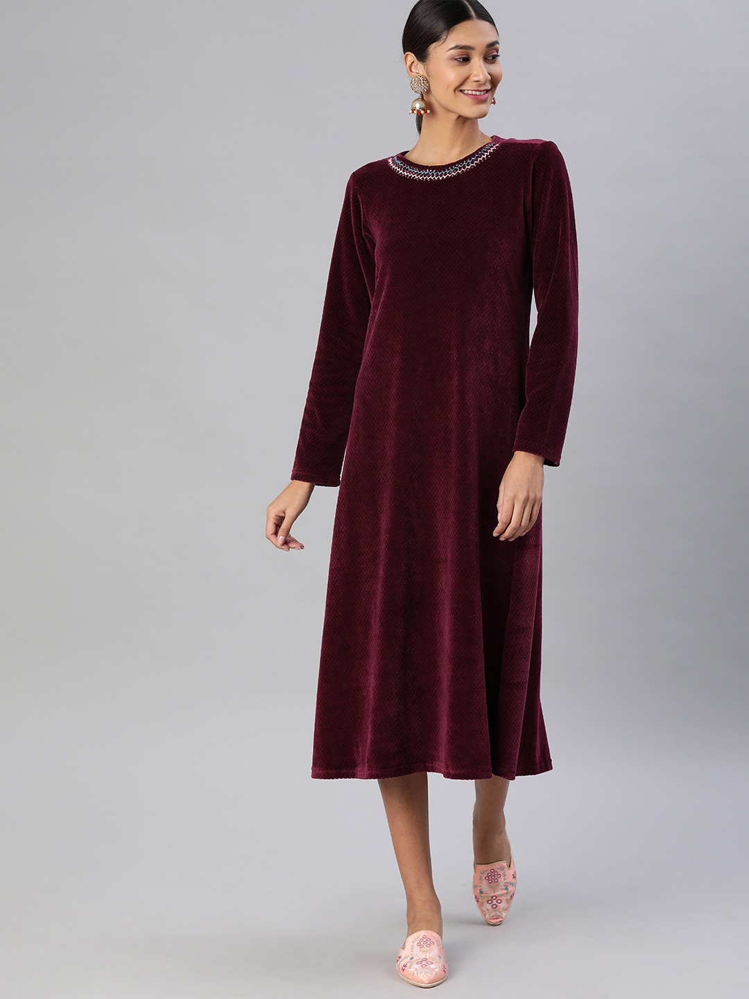 

Global Desi Women Maroon Self Design Fit and Flare Dress