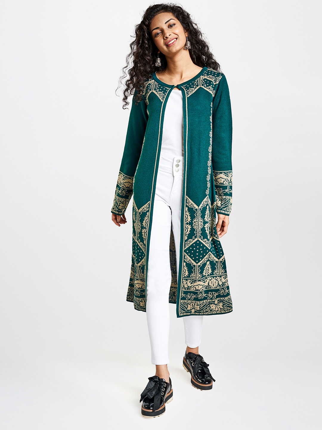 

Global Desi Women Teal Green & Beige Self Design Longline Front-Open Sweater