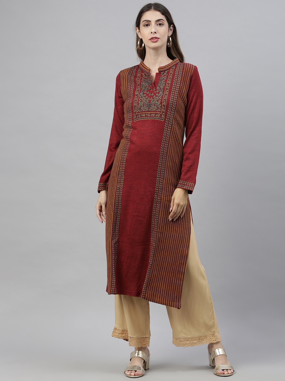 

Global Desi Women Maroon & Mustard Yellow Floral Embroidered Sweater Kurta