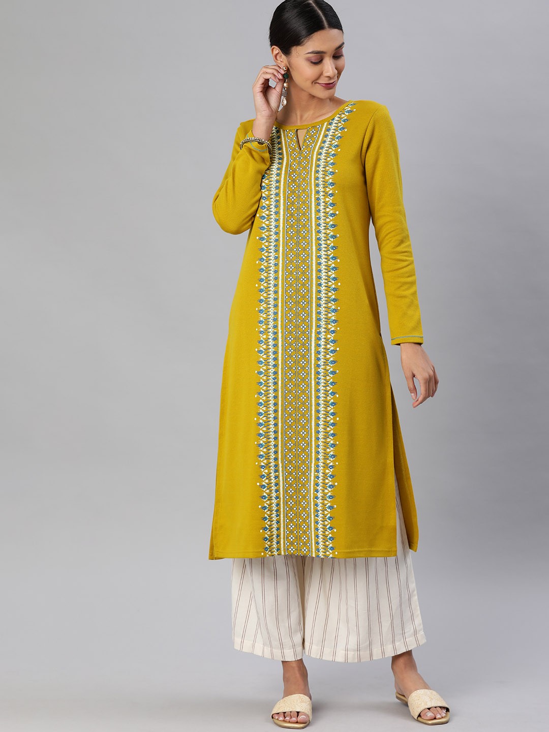 

Global Desi Women Mustard Woven Design Straight Kurta