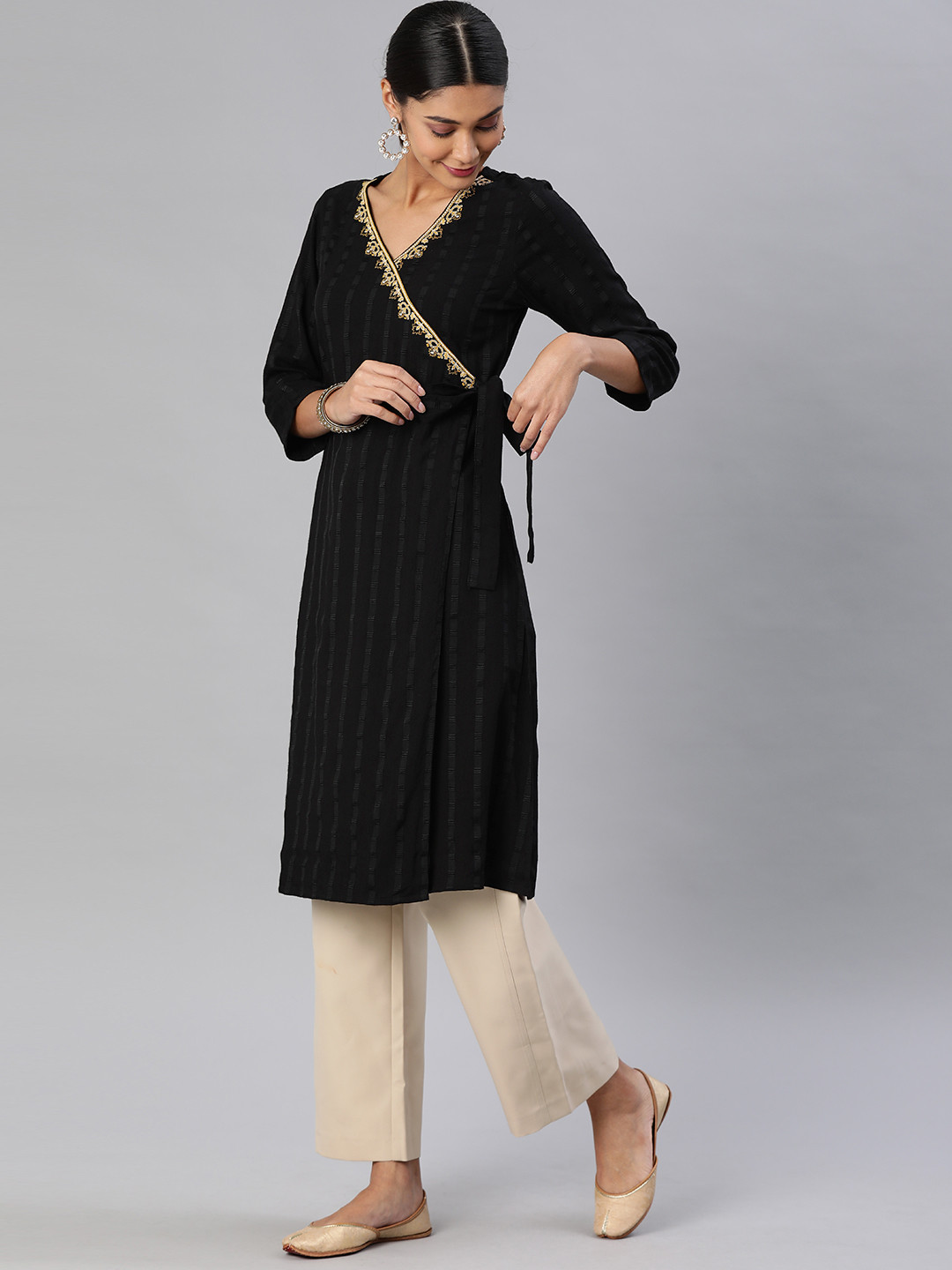 

Global Desi Women Black Striped A-Line Kurta