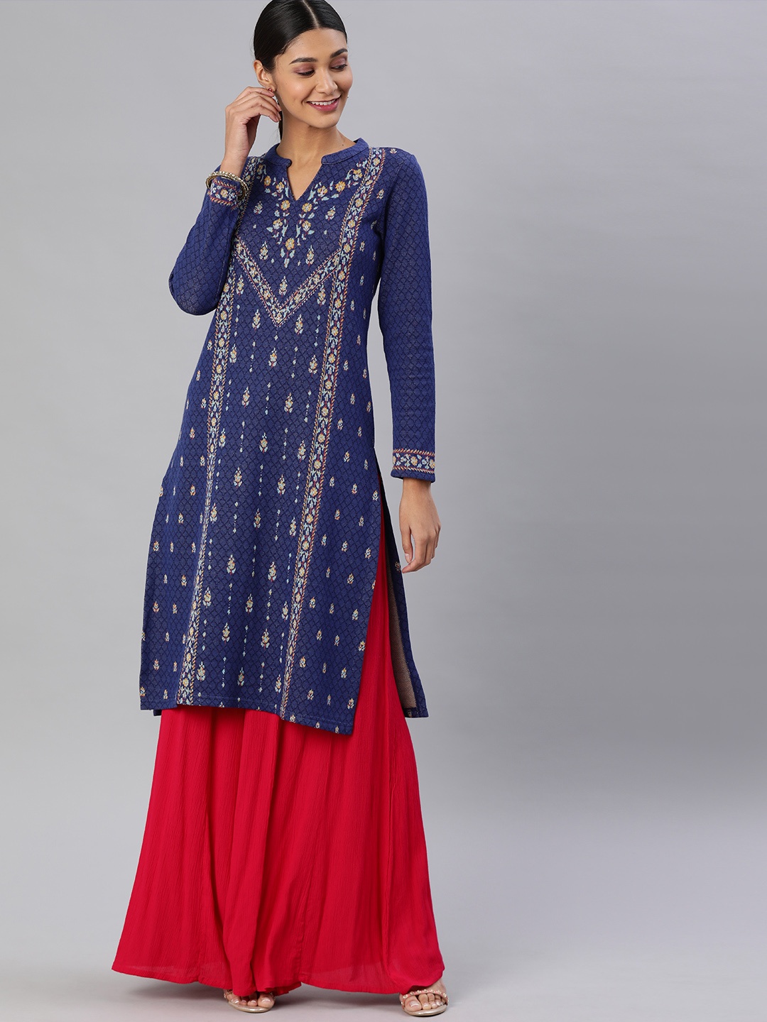 

Global Desi Women Blue Woven Design Straight Kurta