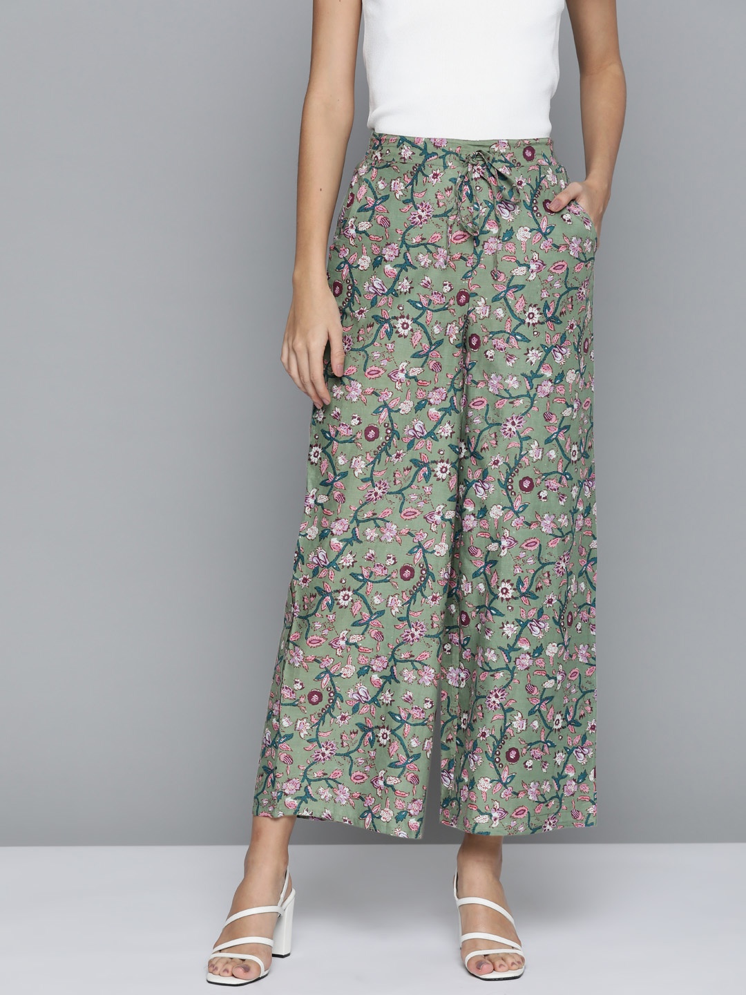 

HERE&NOW Women Olive Green & Blue Floral Print Wide Leg Palazzos