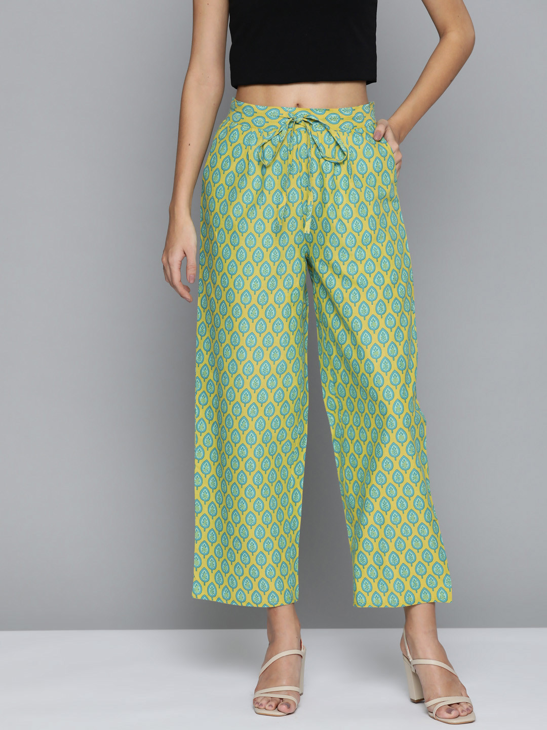 

HERE&NOW Women Lime Green & Blue Ethnic Print Straight Cropped Palazzos