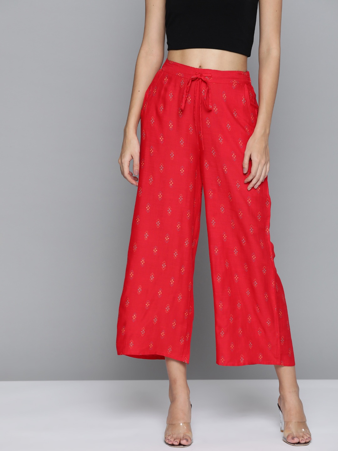 

HERE&NOW Women Red & Yellow Ethnic Print Wide Leg Cropped Palazzos