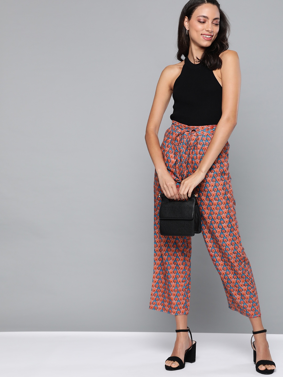 

HERE&NOW Women Orange & Blue Printed Cropped Straight Palazzos