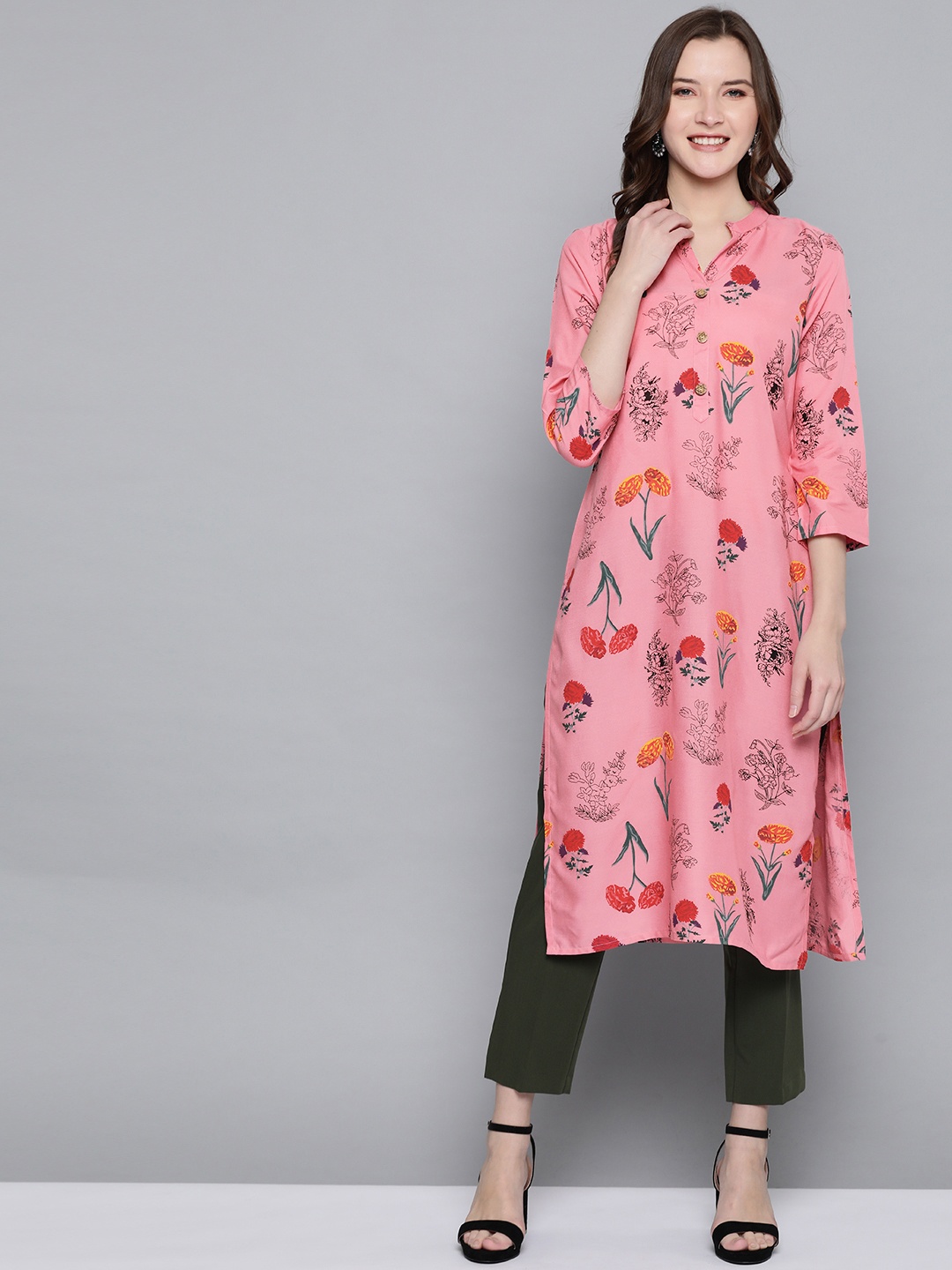 

HERE&NOW Women Pink & Red Floral Printed Straight Kurta