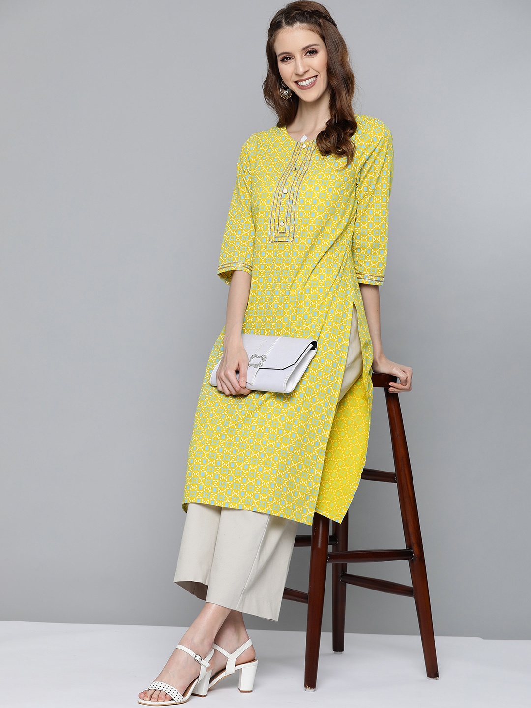 

HERE&NOW Women Lime Green & Blue Printed Straight Kurta