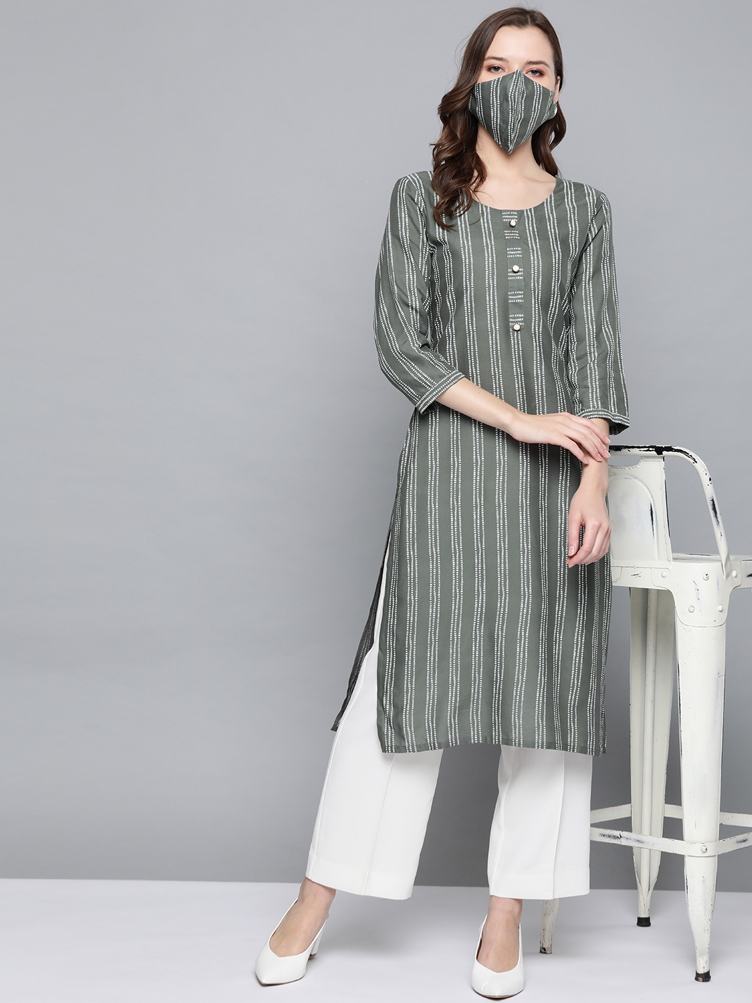 

HERE&NOW Women Grey White Striped Straight Kurta