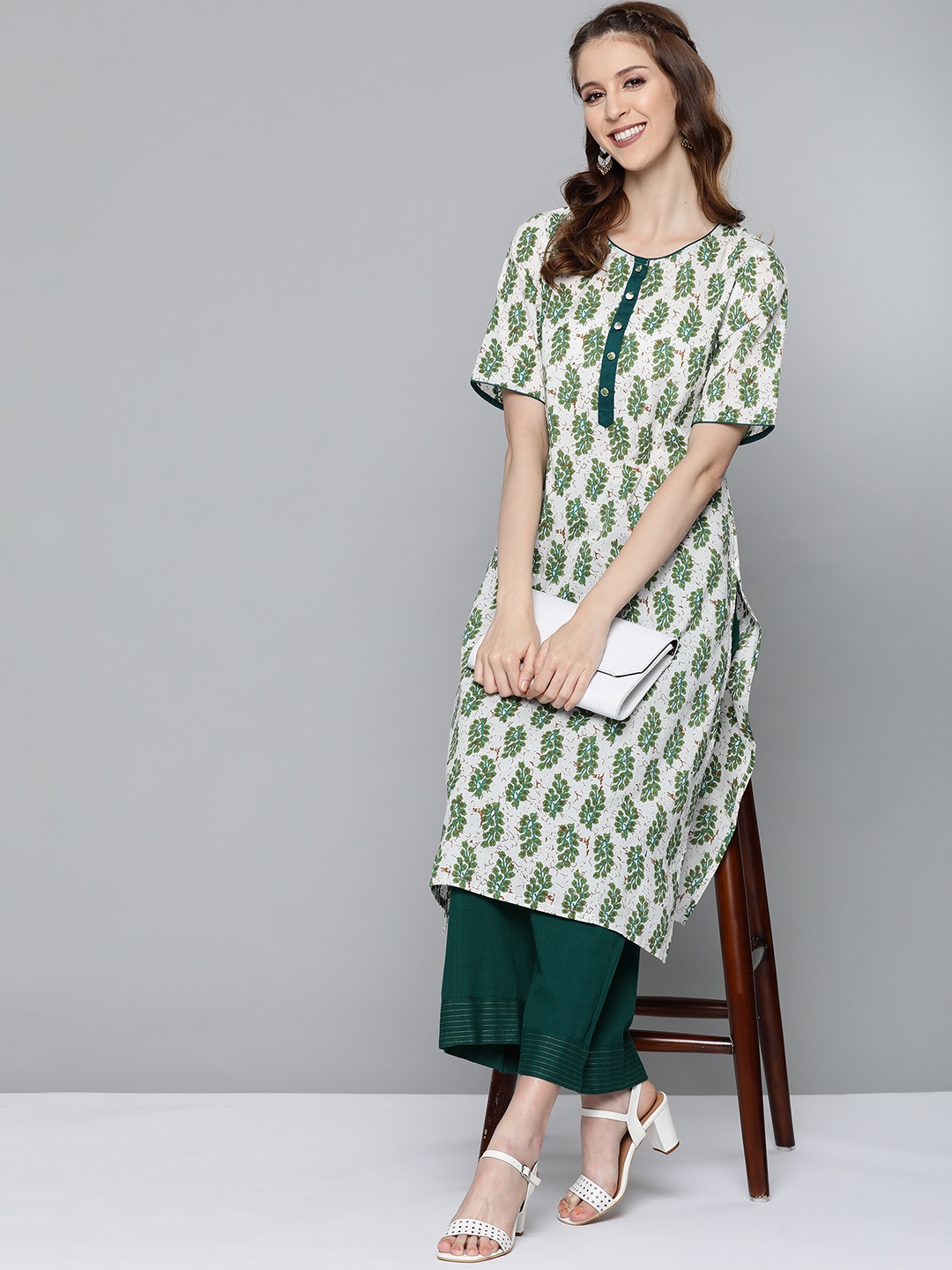 

HERE&NOW Women White & Green Printed Straight Kurta