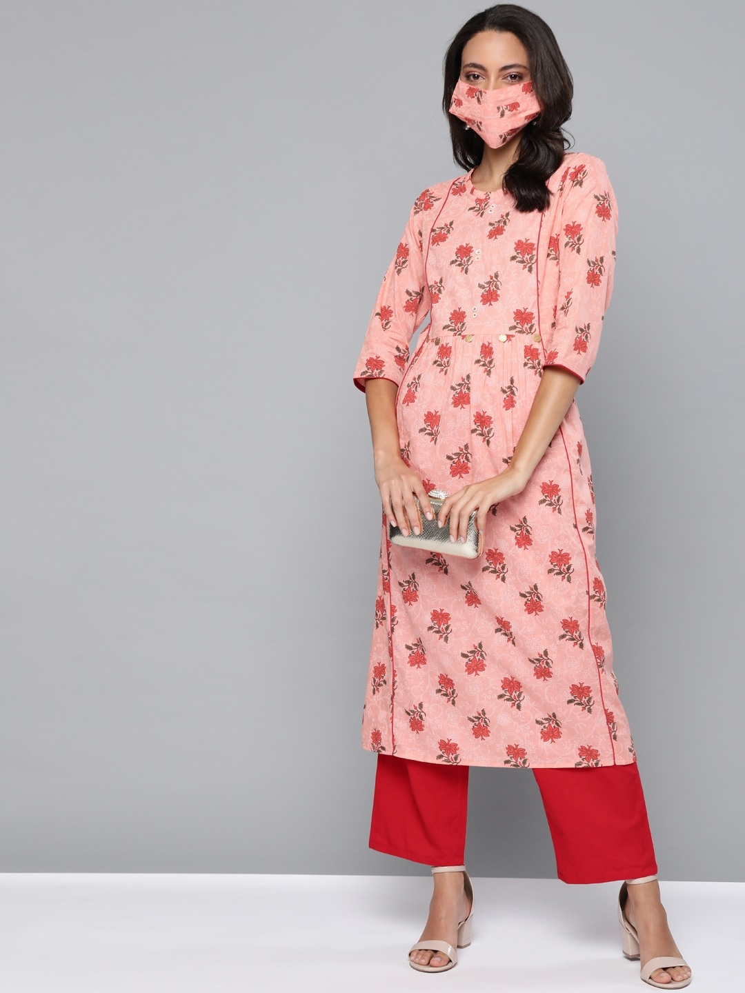 

HERENOW Women Pink Red Printed A-Line Kurta