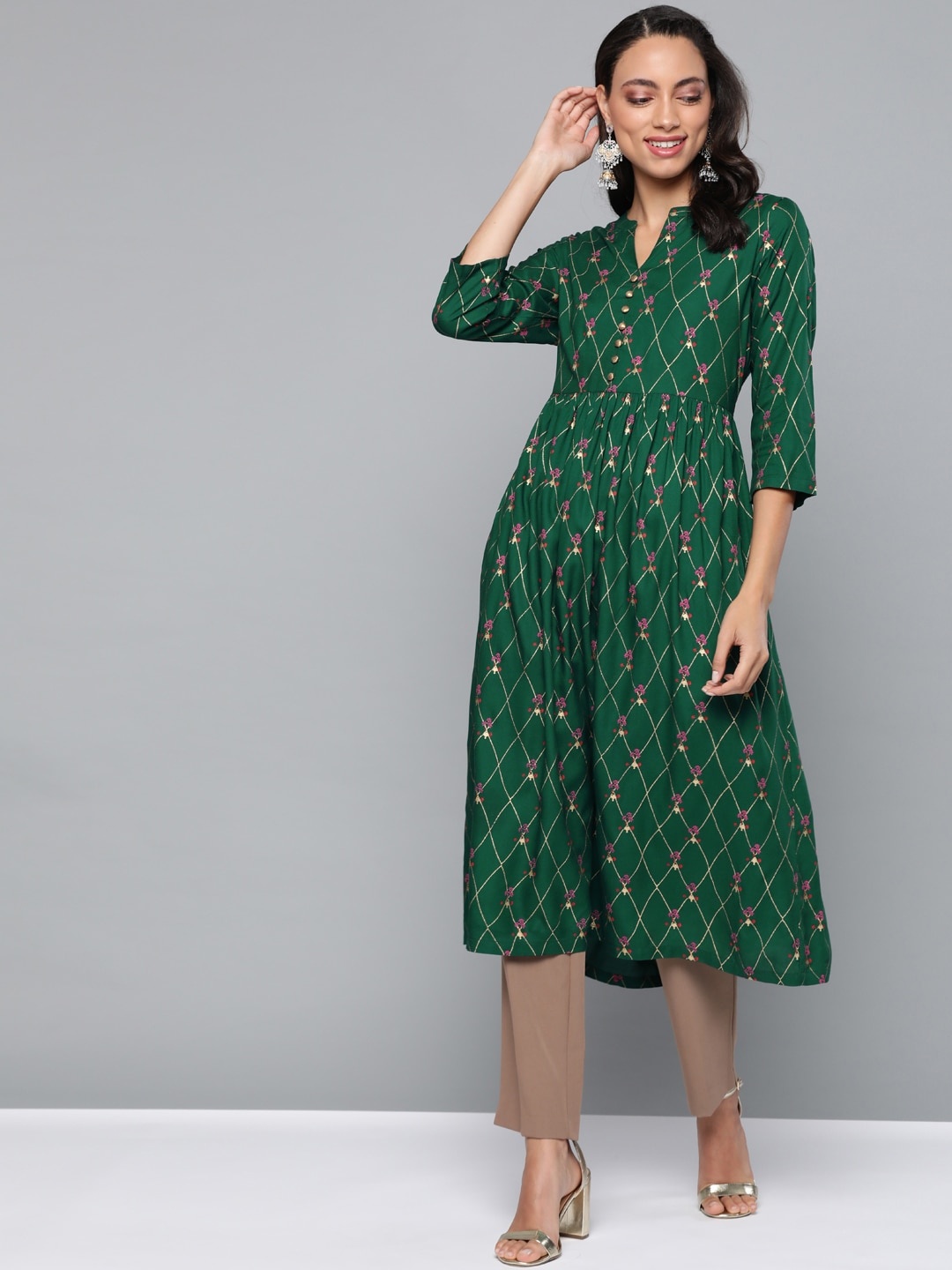 

HERE&NOW Women Green & Purple Printed A-Line Kurta