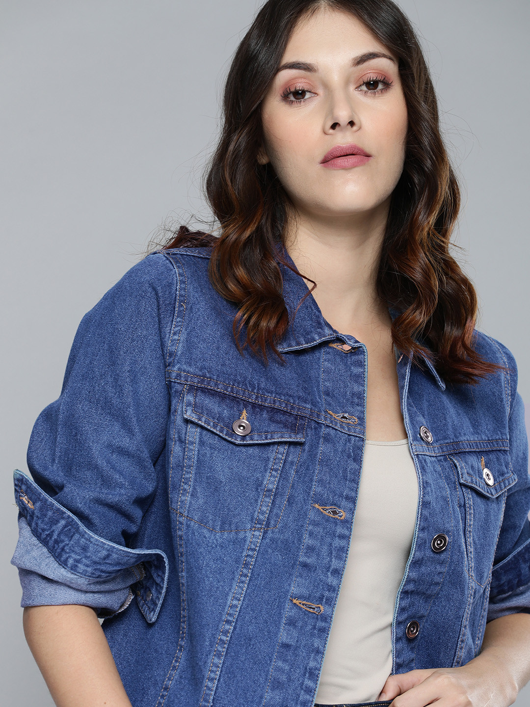 

Harvard Women Blue Solid Pure Cotton Denim Jacket