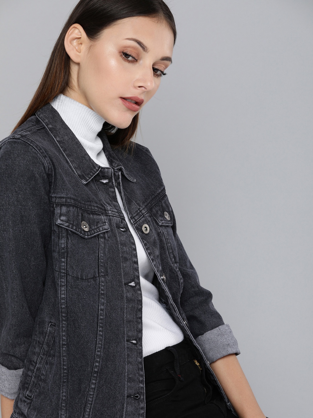 

Harvard Women Charcoal Grey Solid Denim Jacket
