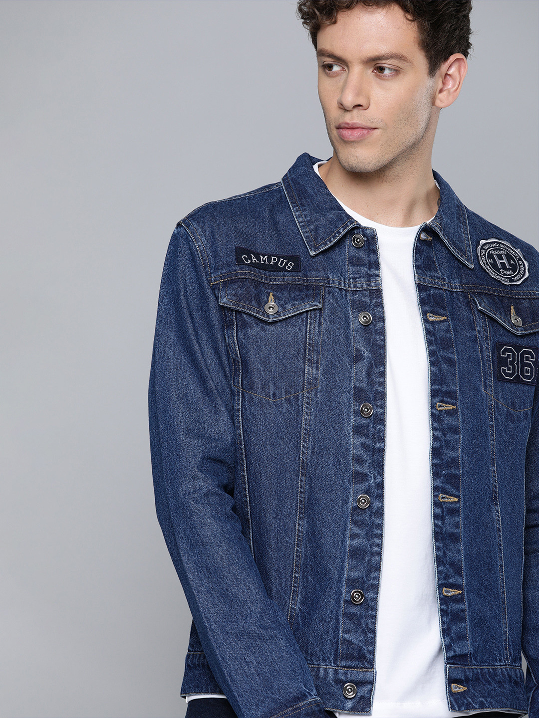 

Harvard Men Blue Solid Denim Jacket with Applique Detail