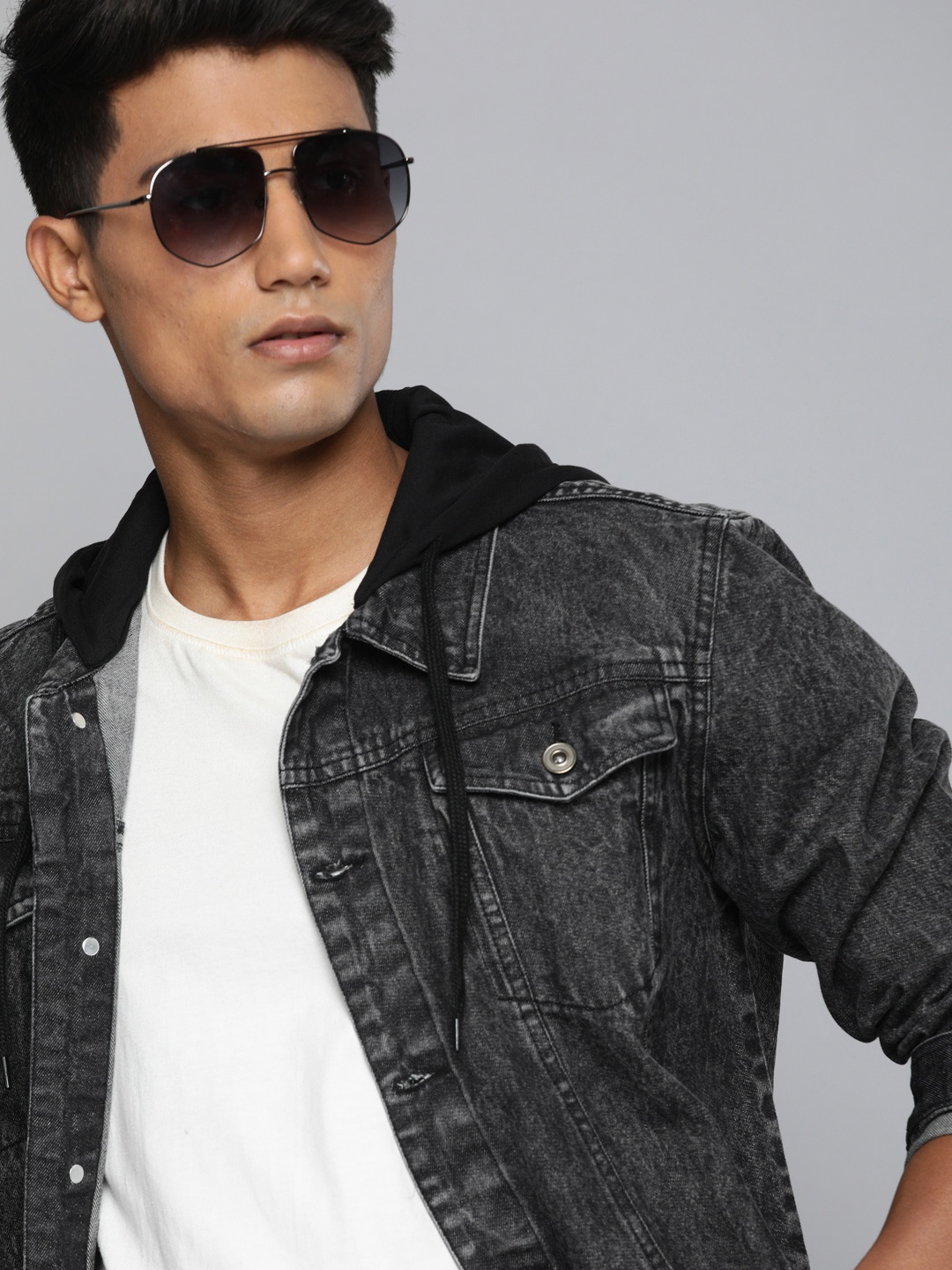 

Harvard Men Black Washed Hooded Denim Jacket