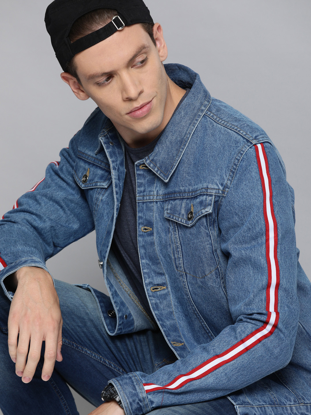 

Harvard Men Blue Washed Denim Jacket with Side Taping