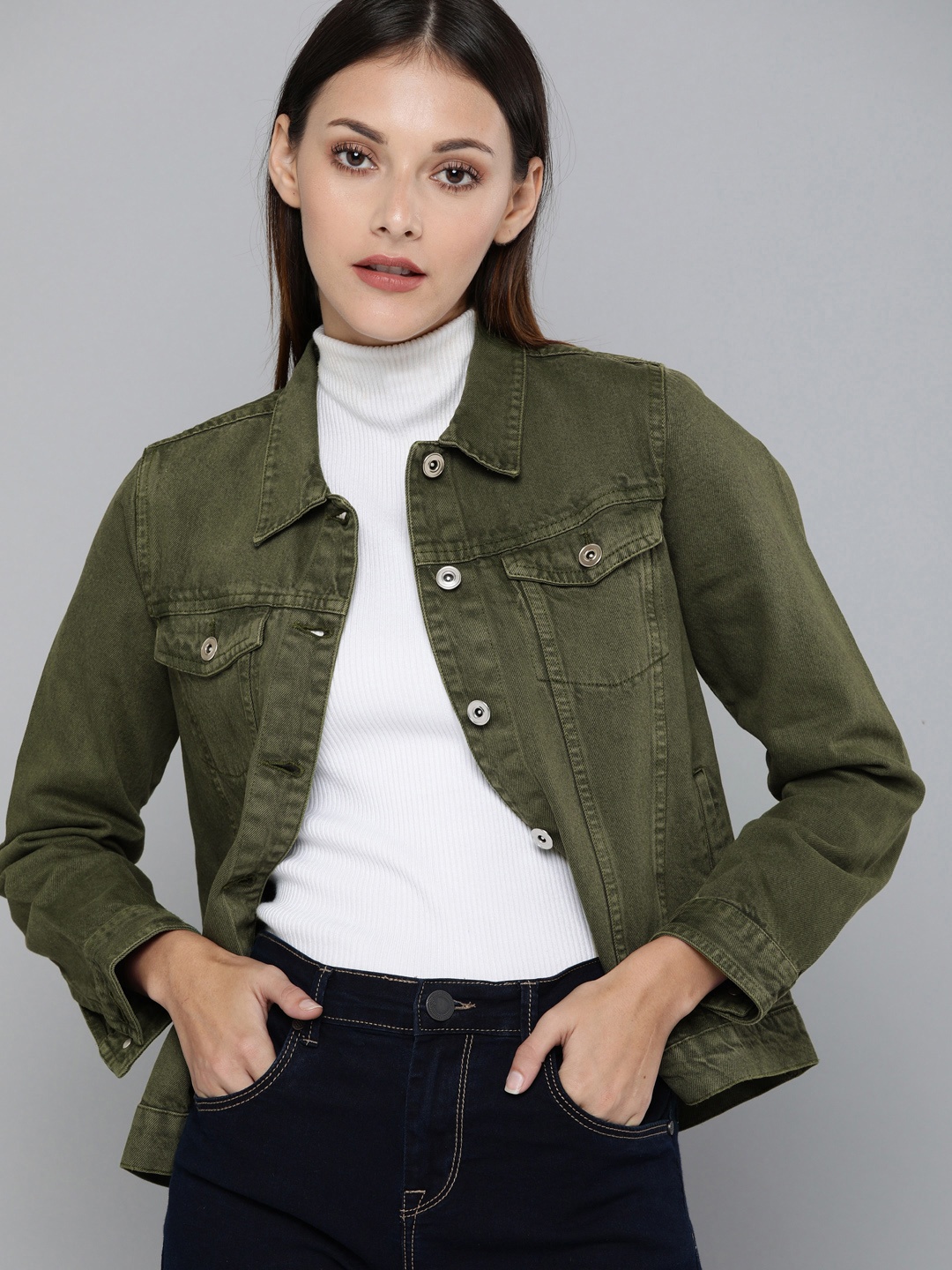 

Harvard Women Olive Green Solid Denim Jacket