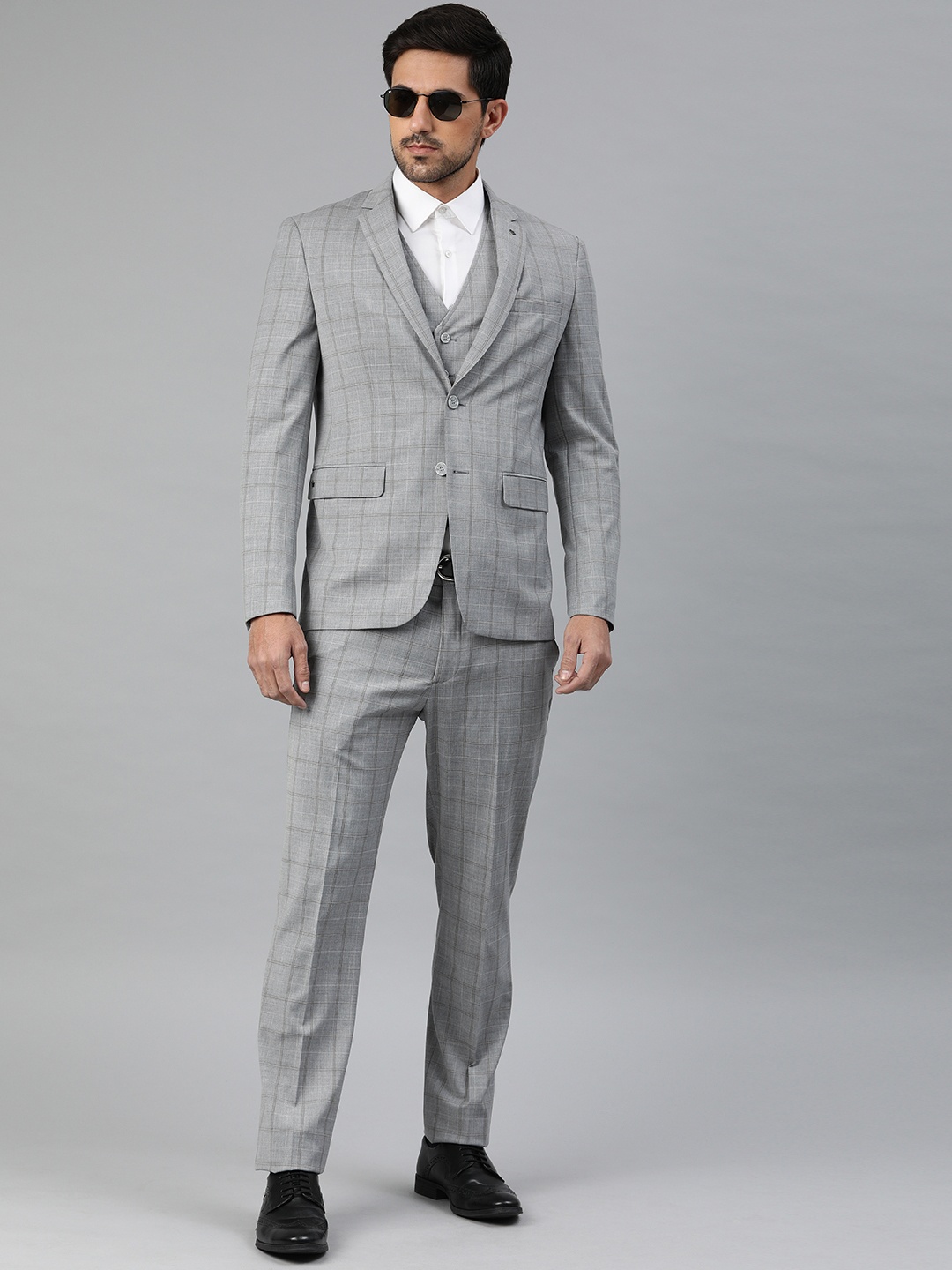 

Louis Philippe Permapress Men Grey Checked Slim Fit Single Breasted 4 Piece Formal Suit