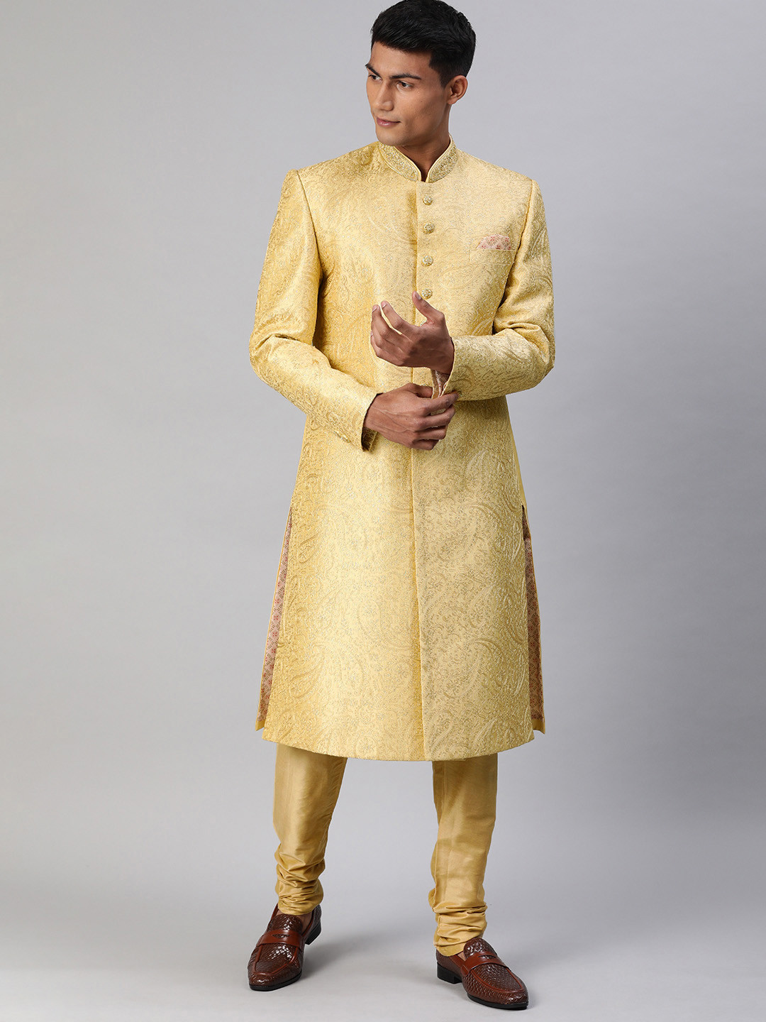 

Louis Philippe Men Golden Embroidered Sherwani with Churidar, Gold