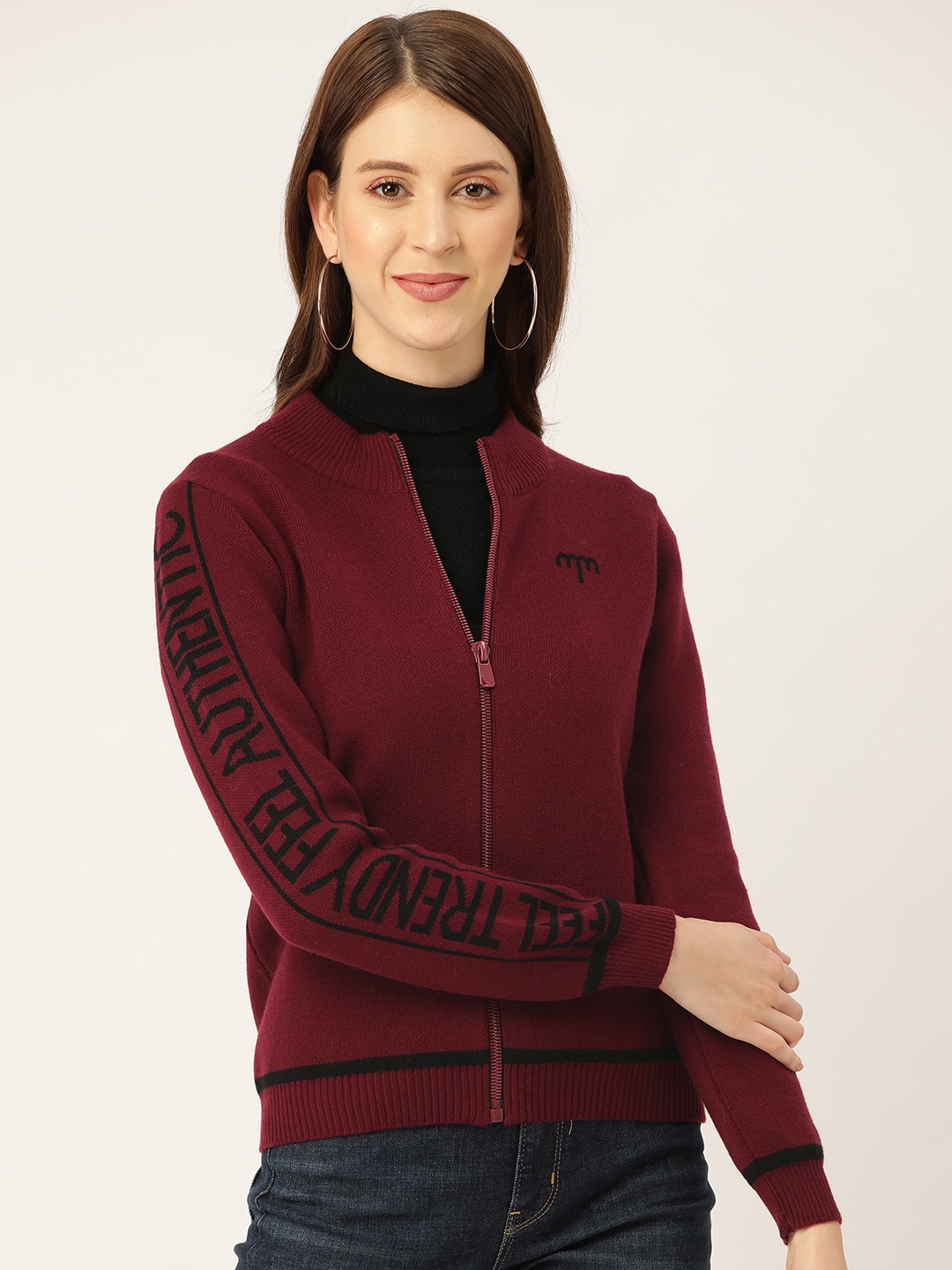 

Madame Women Burgundy Solid Cardigan with Printed Detail