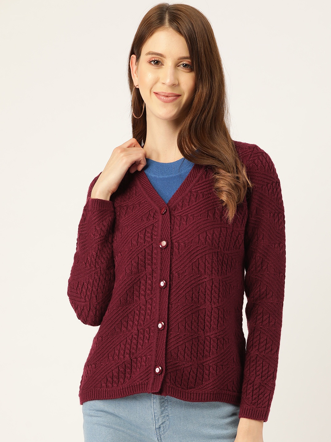 

Madame Women Burgundy Cable Knit Detail Cardigan