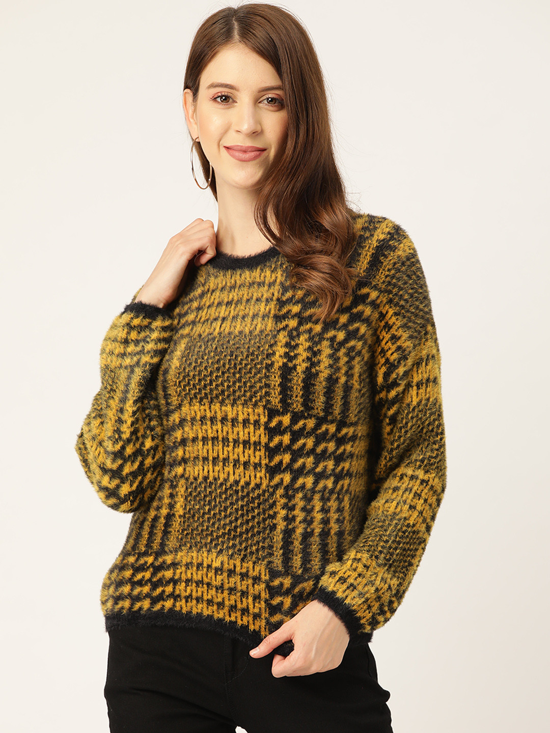 

Madame Women Mustard Yellow & Black Prince of Wales Check Fuzzy Pullover