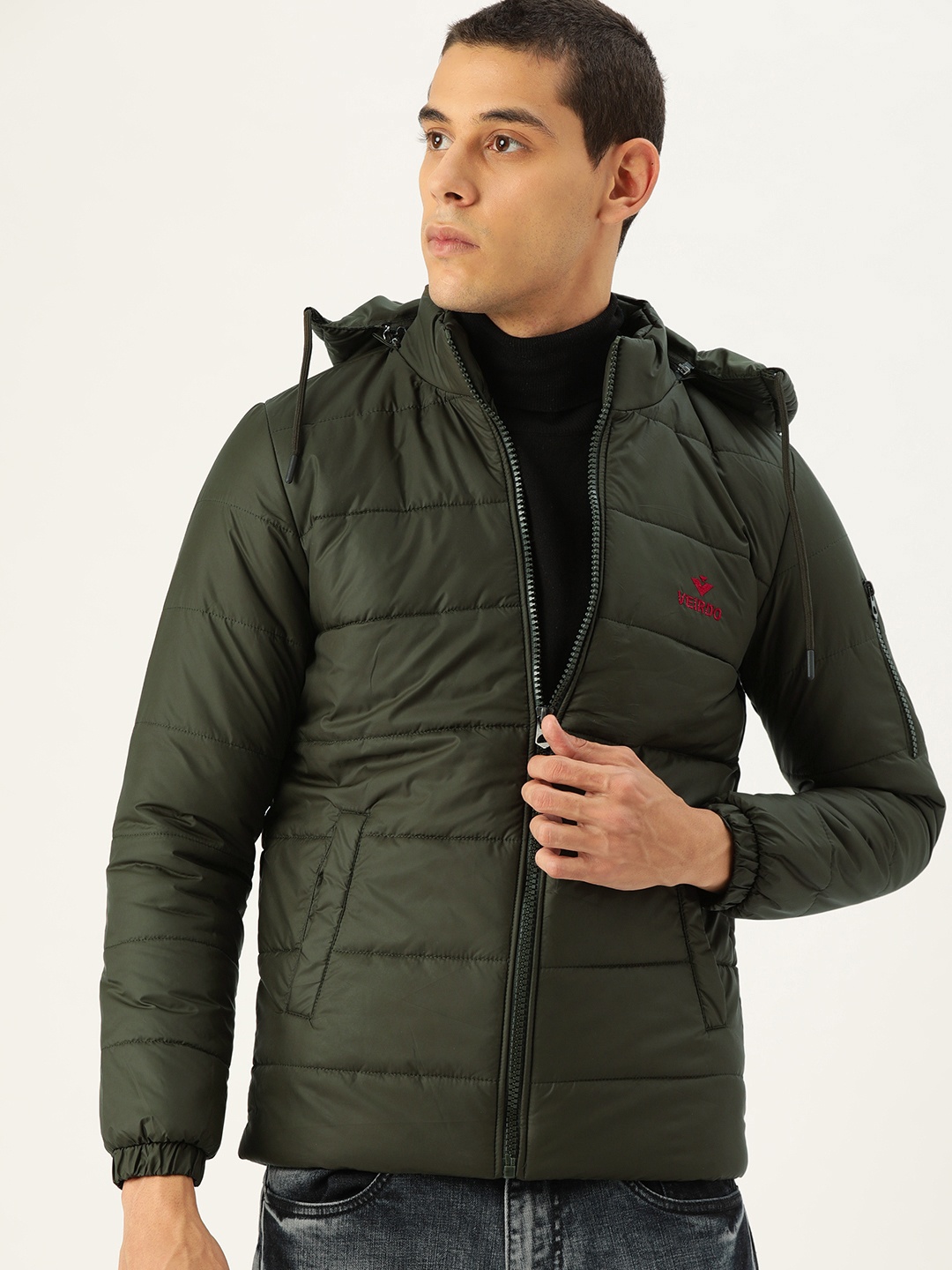 

VEIRDO Men Olive Green Solid Padded Jacket