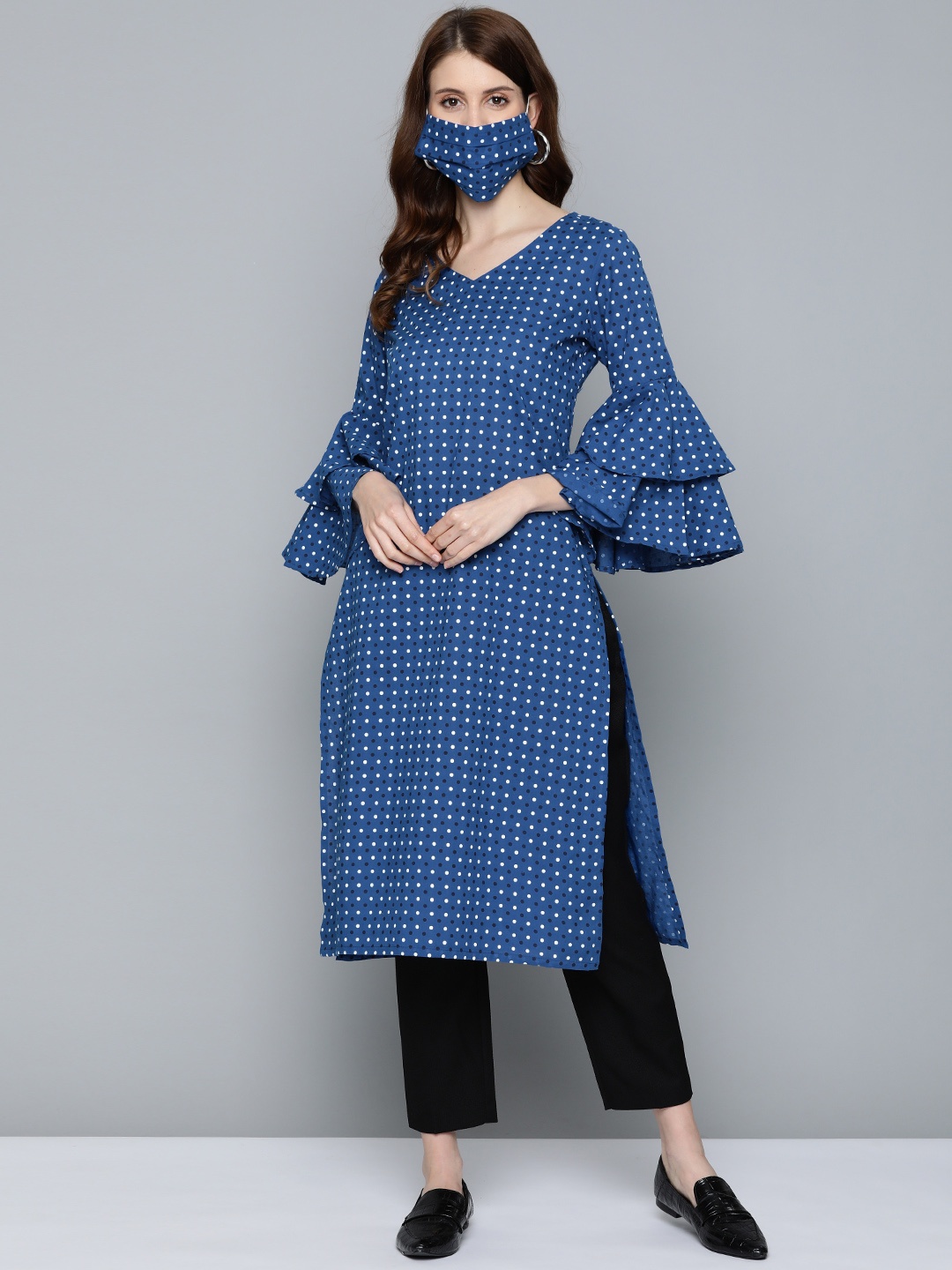 

HERE&NOW Women Navy Blue White Printed Straight Kurta