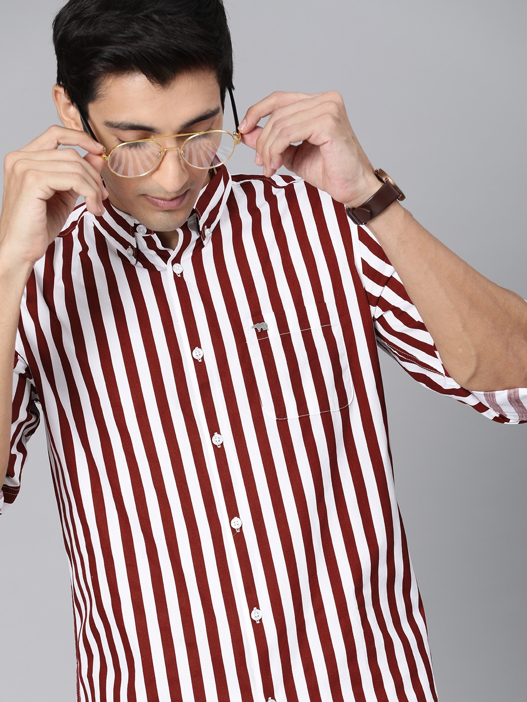 

THE BEAR HOUSE Men Maroon & White Slim Fit Striped Casual Shirt
