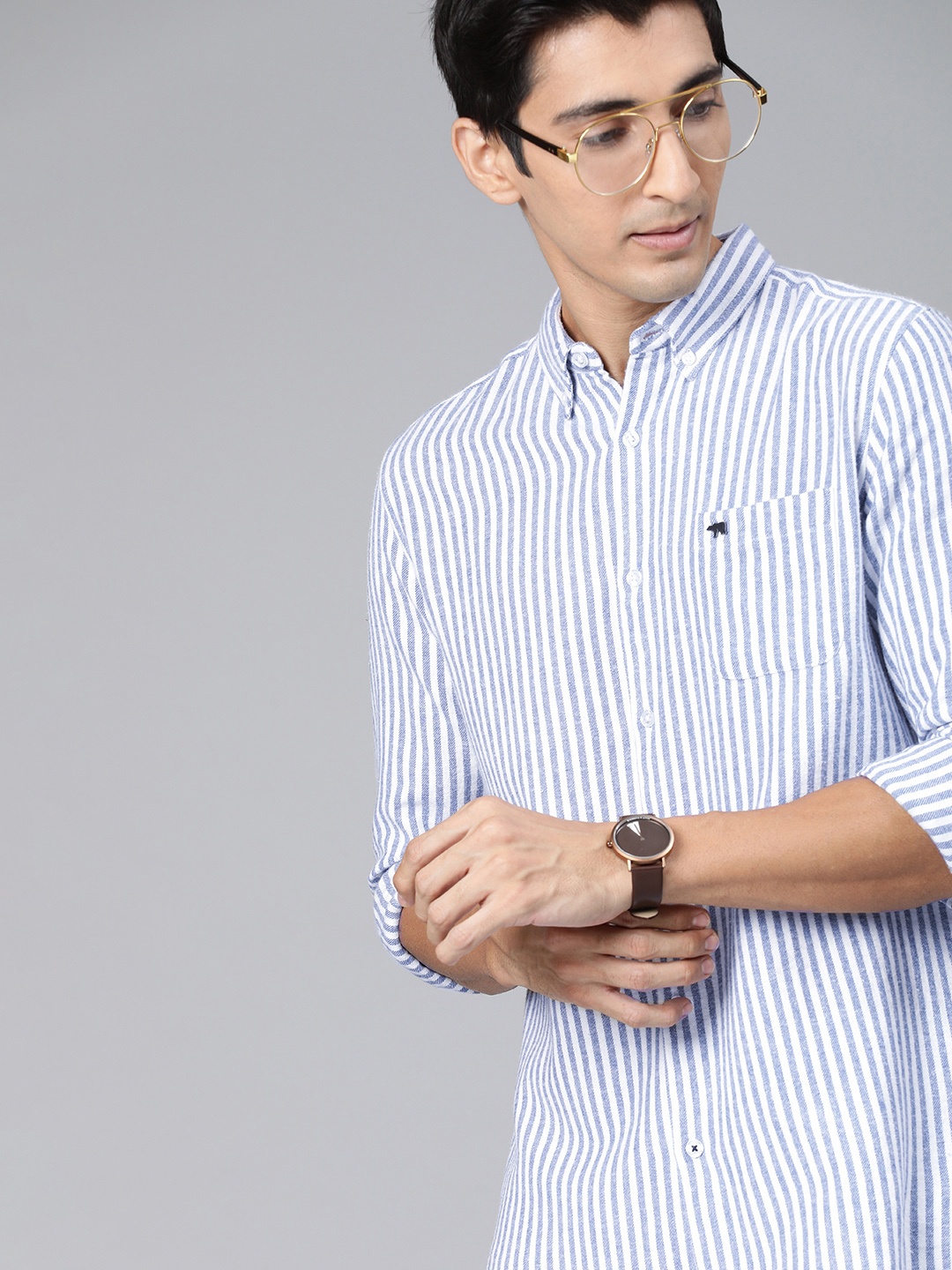 

THE BEAR HOUSE Men Blue & White Slim Fit Striped Casual Shirt