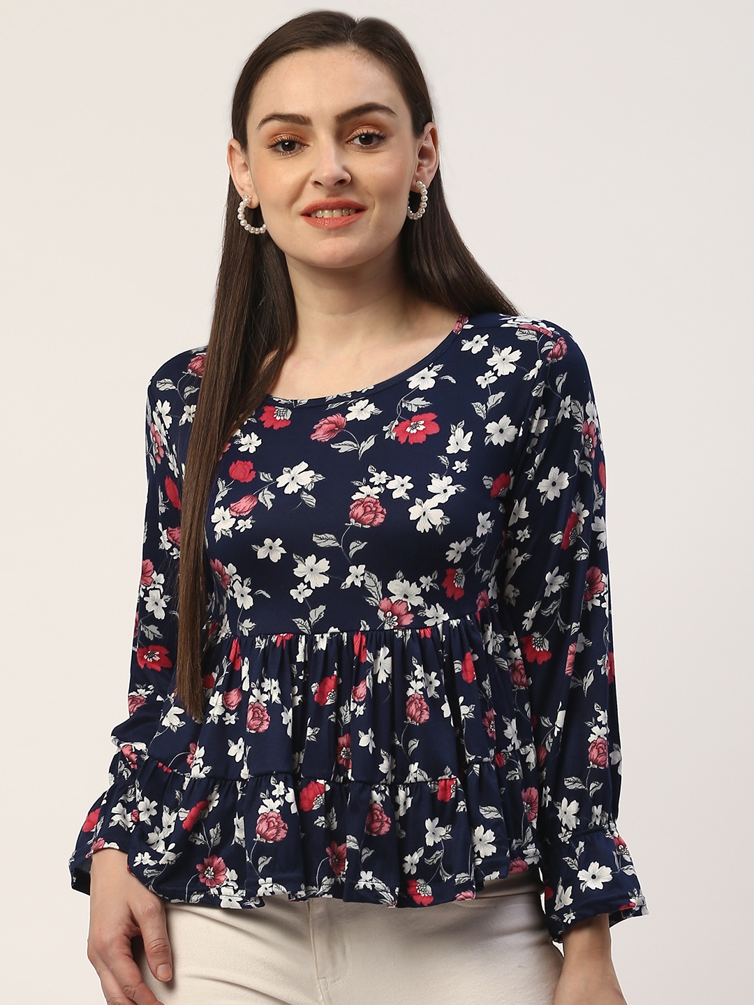 

ZIZO By Namrata Bajaj Women Navy & Pink Floral Print Tiered Top, Navy blue