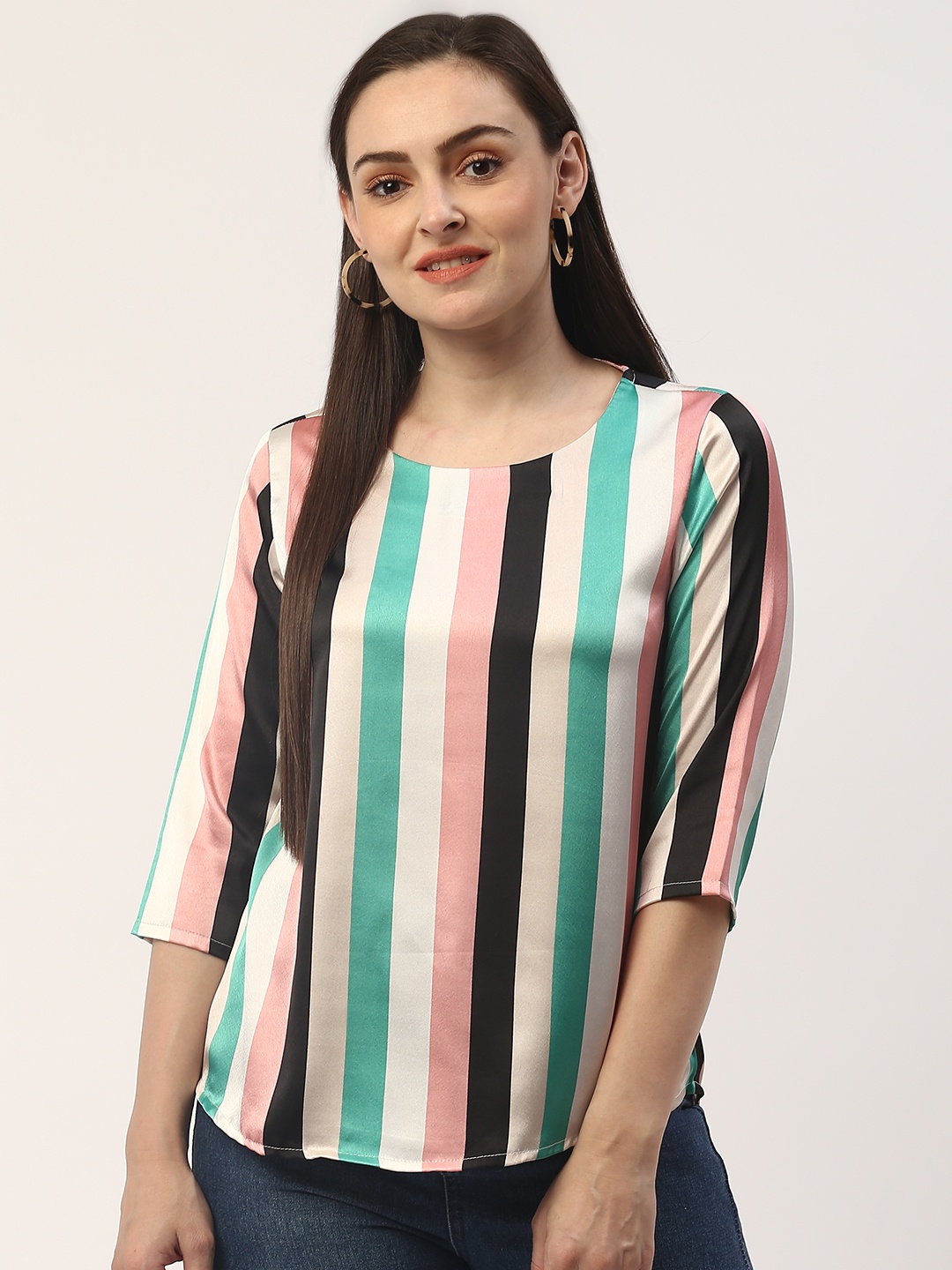 

ZIZO By Namrata Bajaj Women Blue & Pink Candy Stripes Satin Finish Top