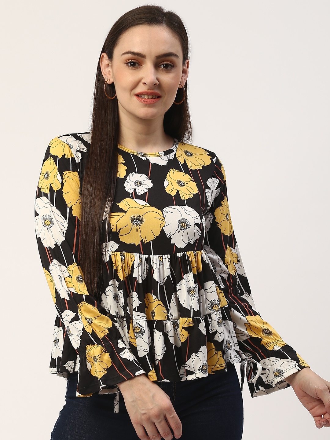 

ZIZO By Namrata Bajaj Women Black & Yellow Floral Print Tiered Top