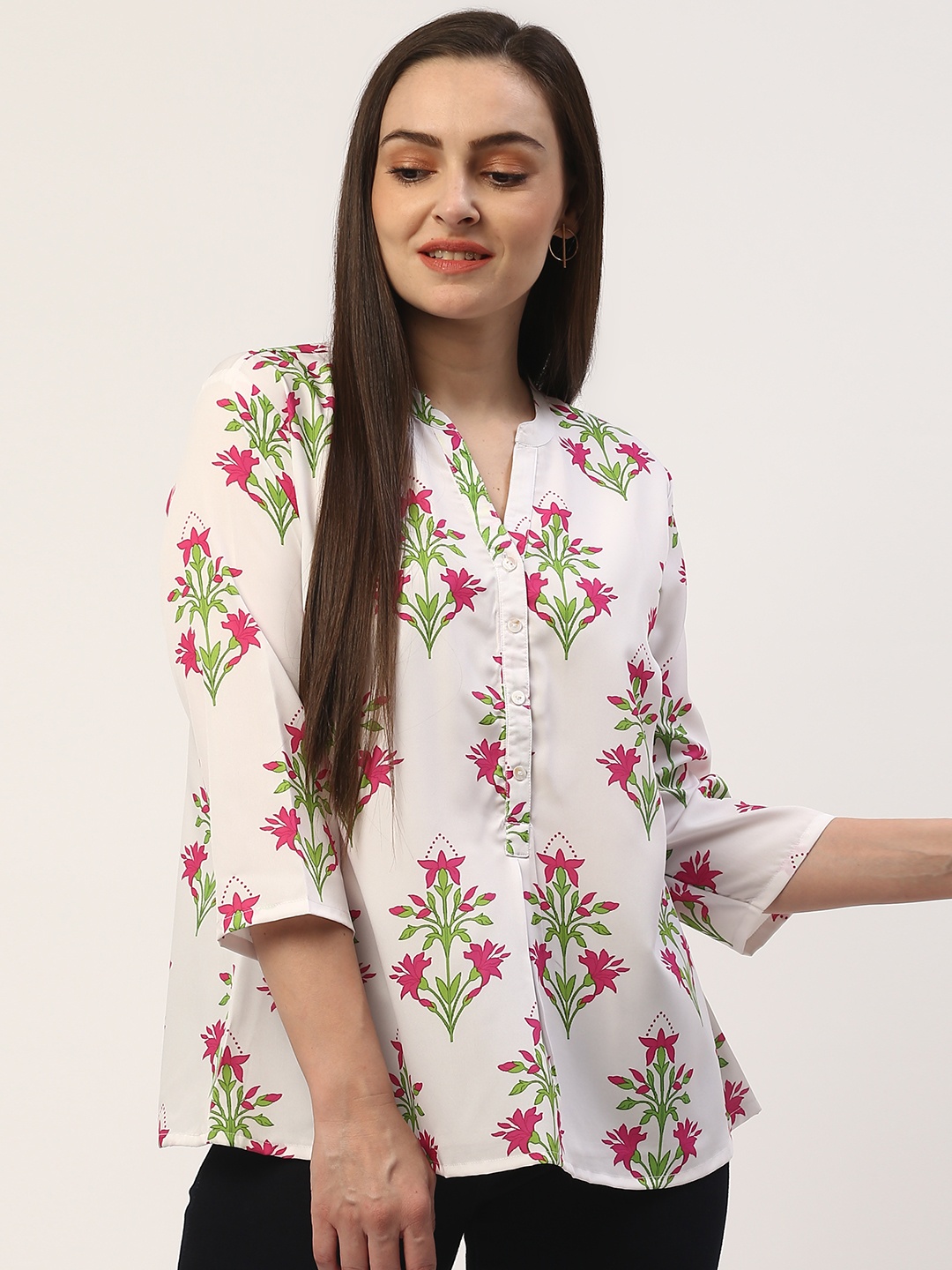 

ZIZO By Namrata Bajaj Women White & Pink Floral Print Shirt Style Top