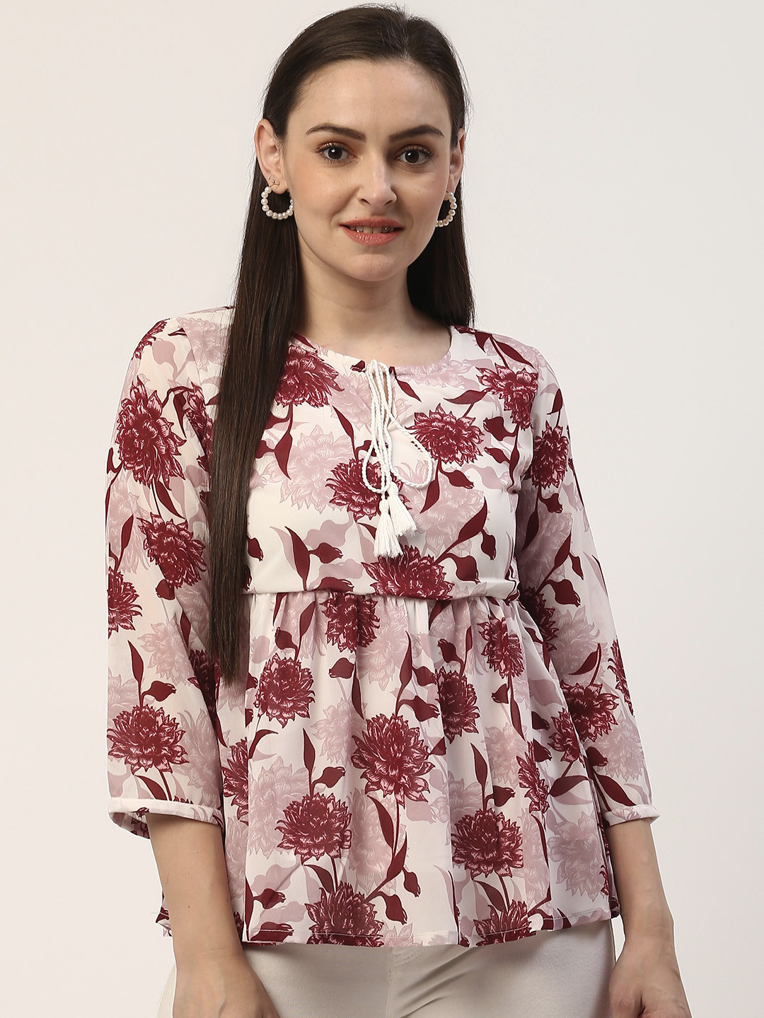 

ZIZO By Namrata Bajaj Women Off-White & Maroon Floral Print Empire Top